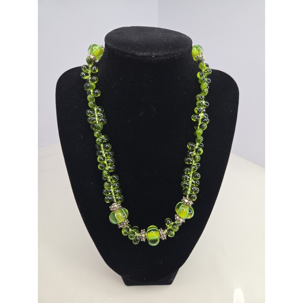 LilisCo Handmade Lime Green Glass Beaded 18" Necklace Silver 925 Filigree Accent